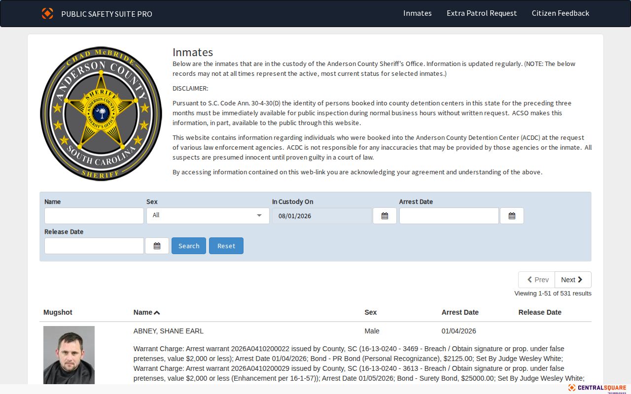 Anderson County 24-hour release check using the current ACSO booking portal