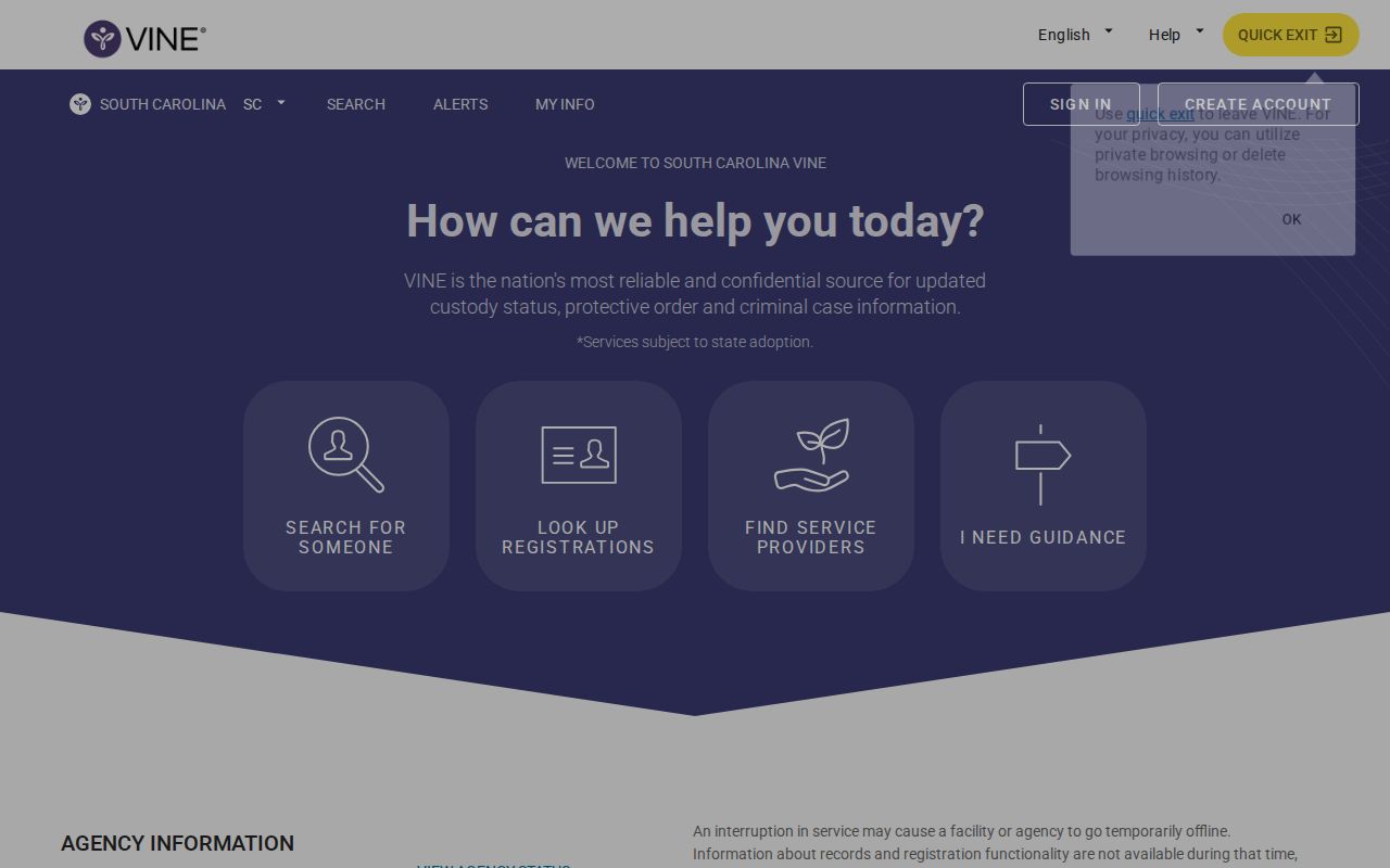South Carolina VINELink one-person search interface