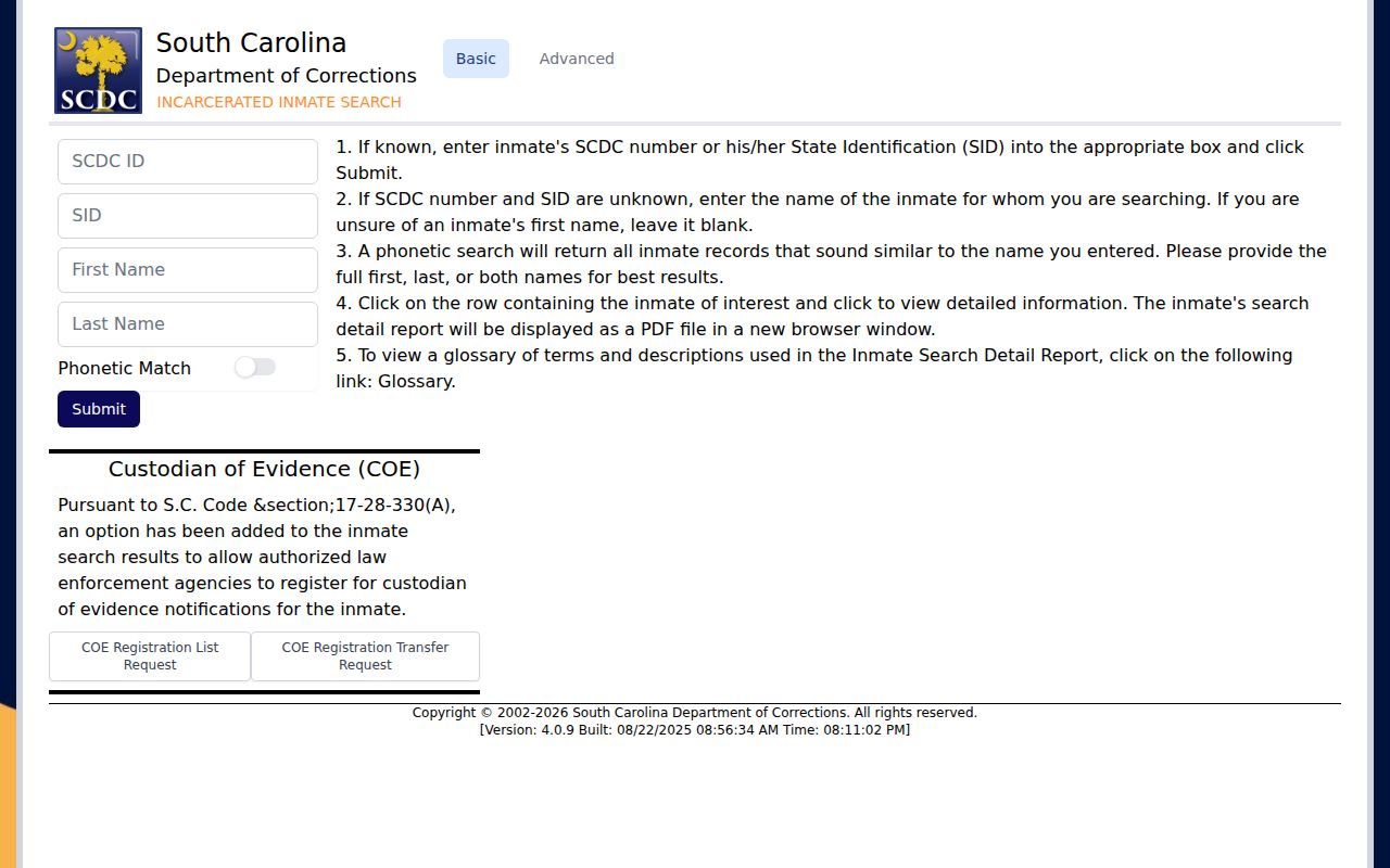 South Carolina Department of Corrections public inmate search