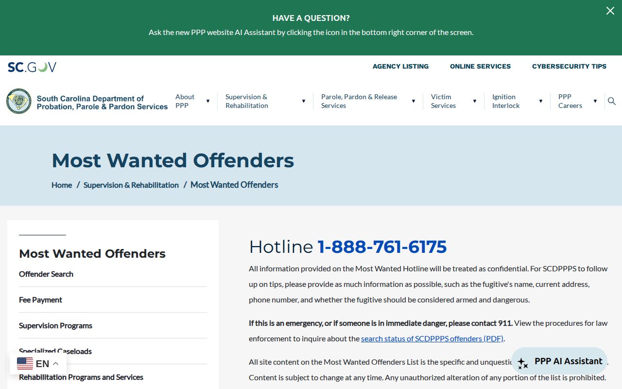 Anderson County parole and probation wanted-offender status page